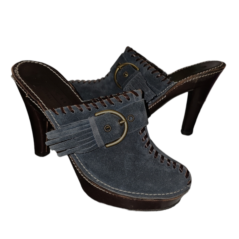 Coach Blue Suede Tassel Mules Clogs